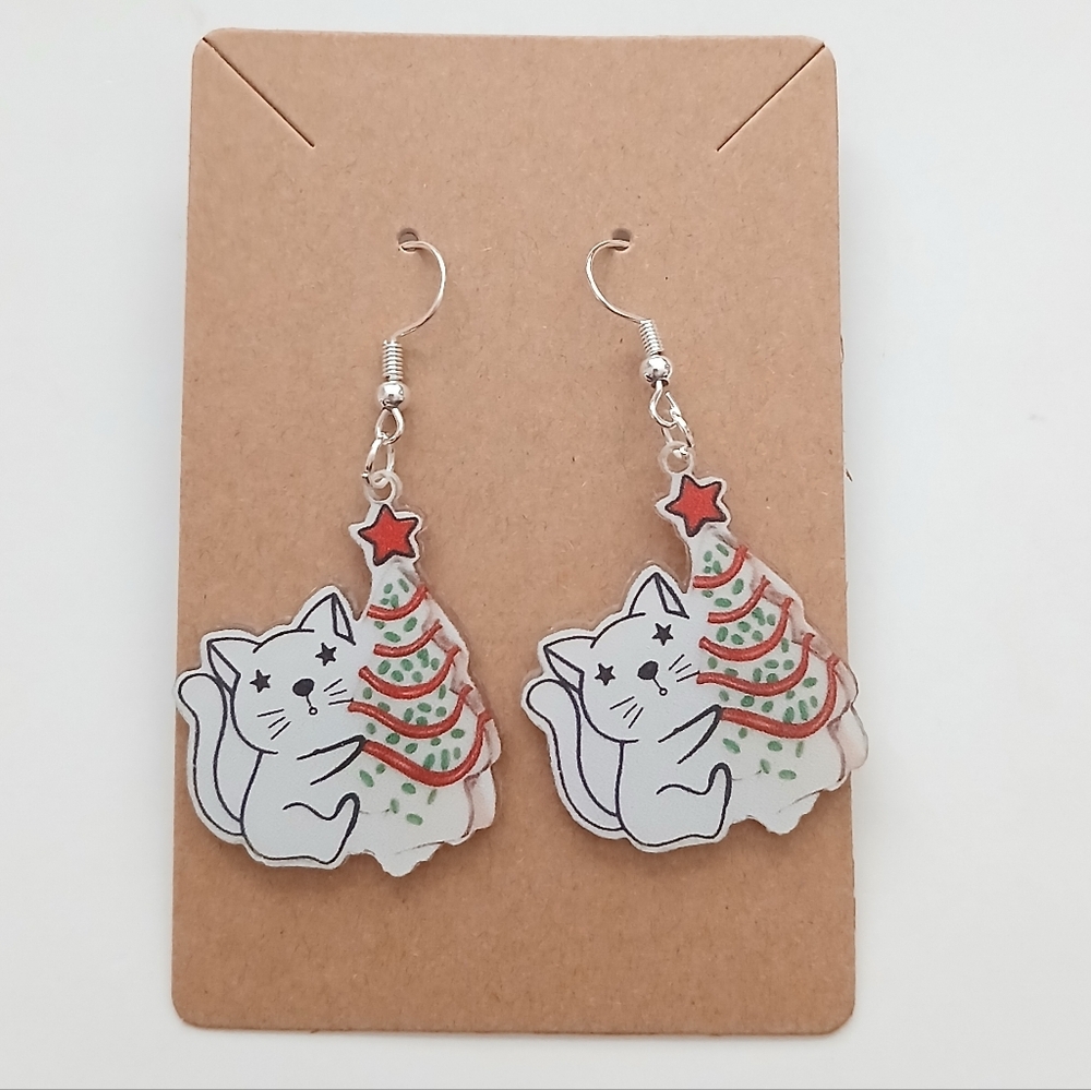 Fashion Jewelry Cat and Tree Earrings - Red and Green